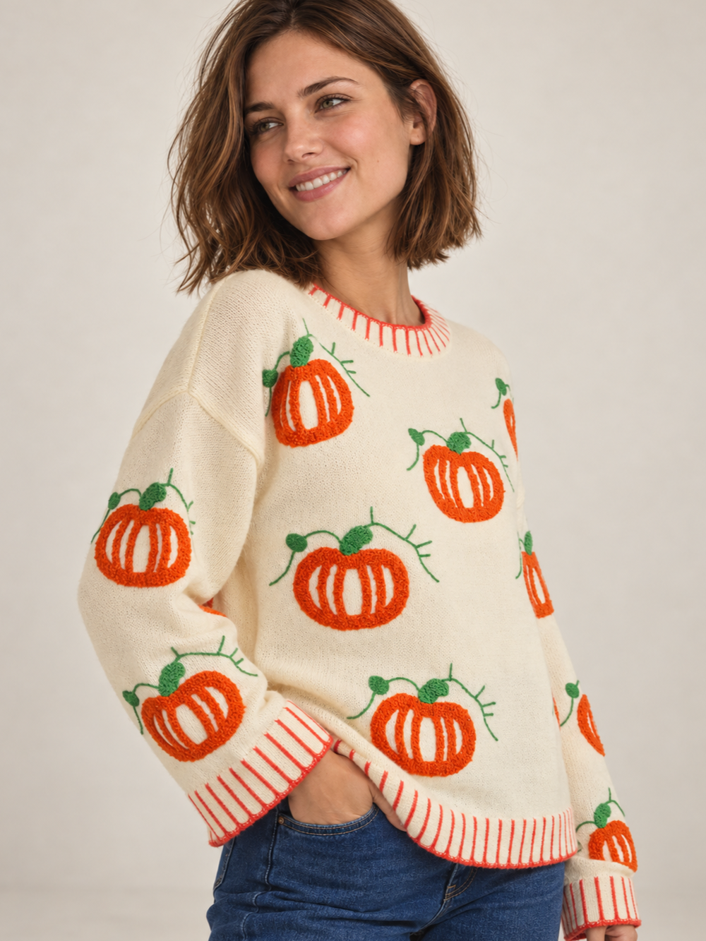 Halloween Sweater Textured Pumpkins angled view on model