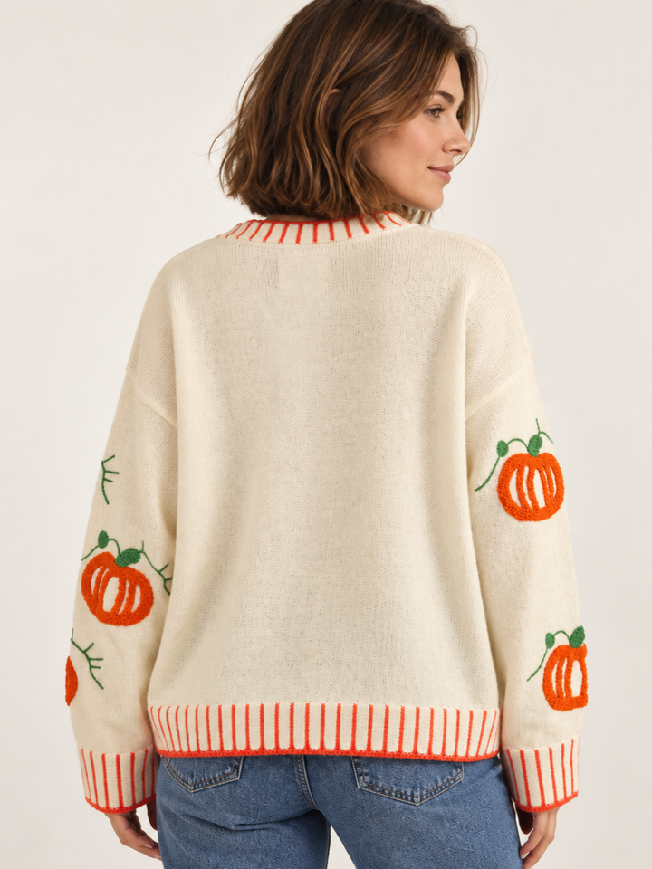 Halloween Sweater Textured Pumpkins back view on model