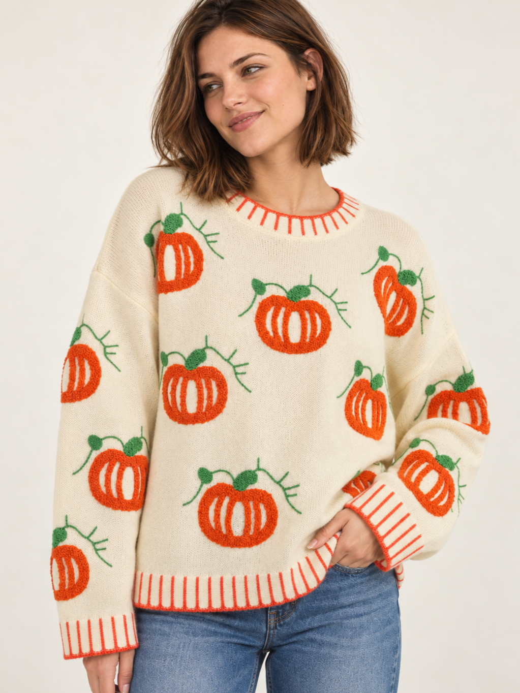 Halloween Sweater Textured Pumpkins front view on model