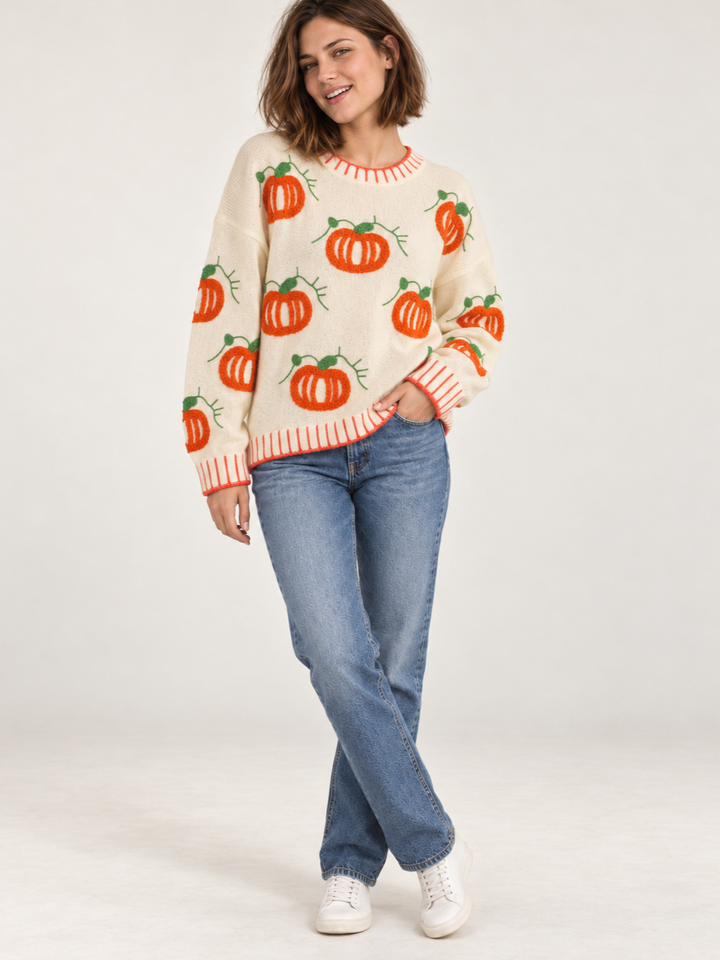 Halloween Sweater Textured Pumpkins full-body view on model