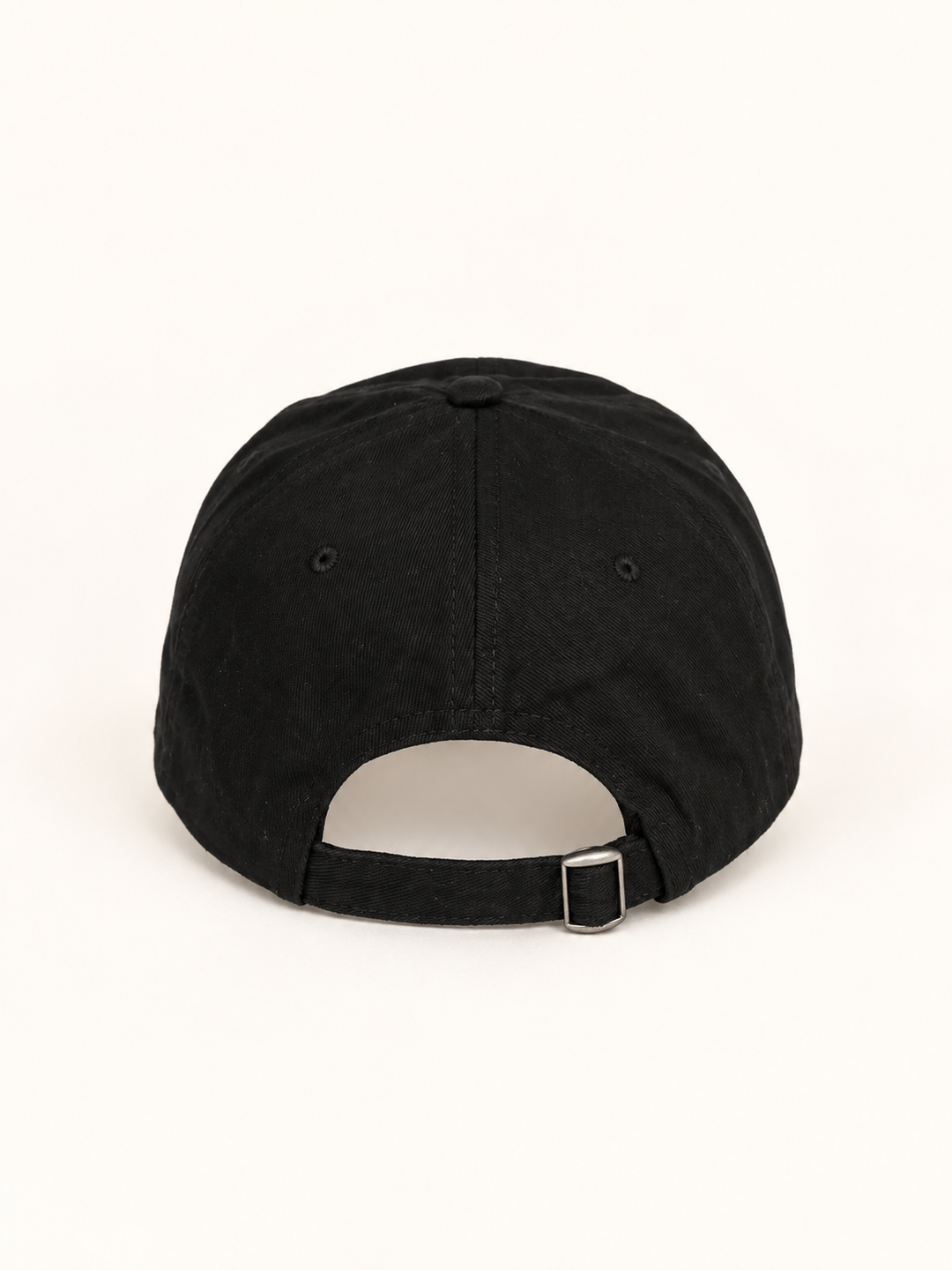 Back view of black baseball hat with adjustable strap and metal clasp
