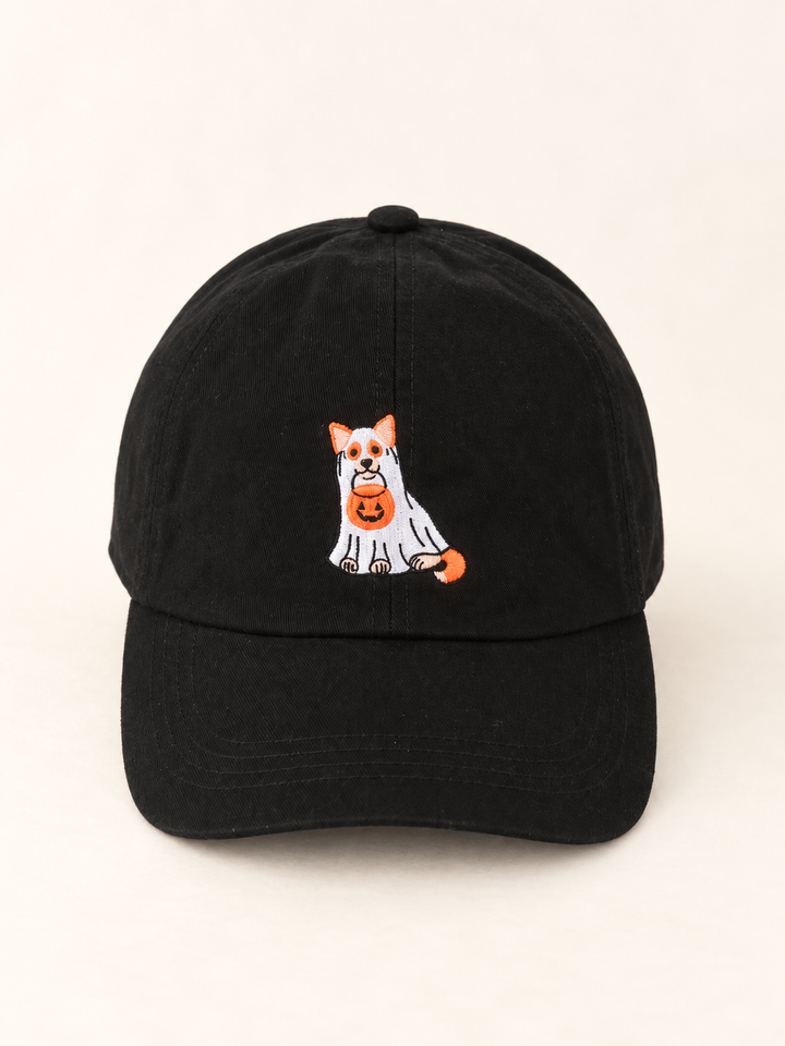 Front view of black hat with Halloween trick-or-treat dog embroidery