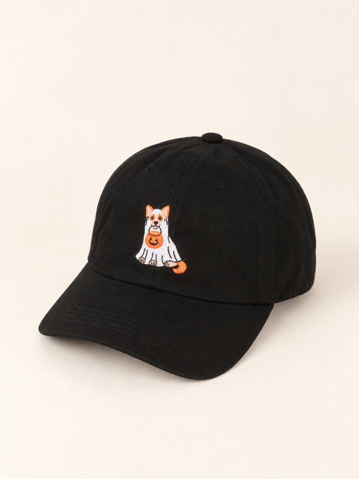 Three-quarter view of black Halloween dog embroidered hat