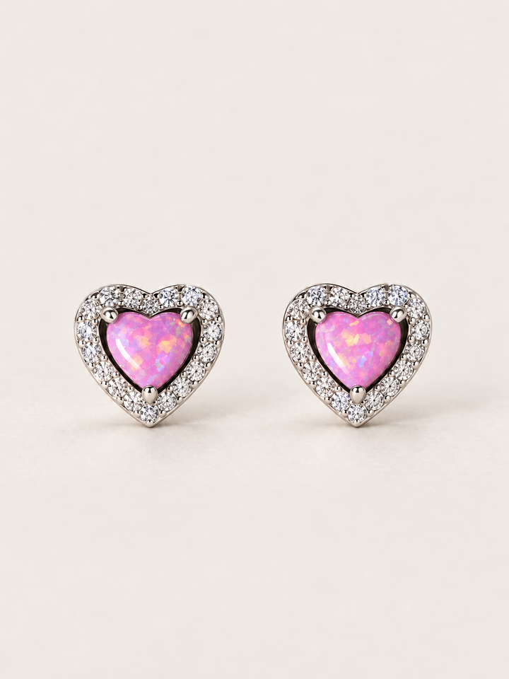 Pink Heart Halo Stud Earrings shown on a warm neutral background