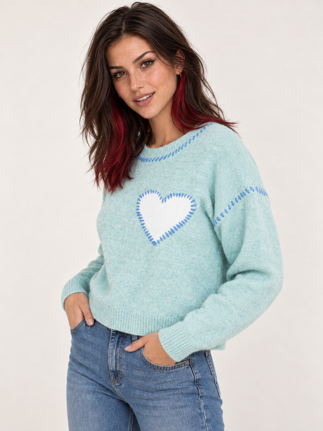 Heart Stitch Sweater Mint angled view on model