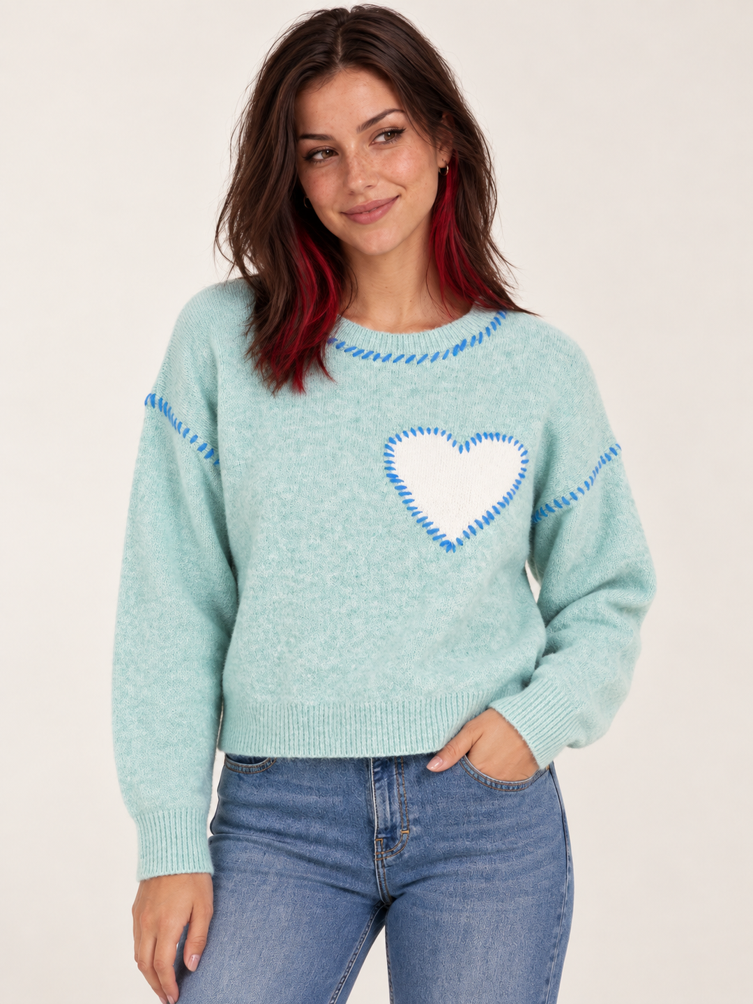 Heart Stitch Sweater Mint front view on model