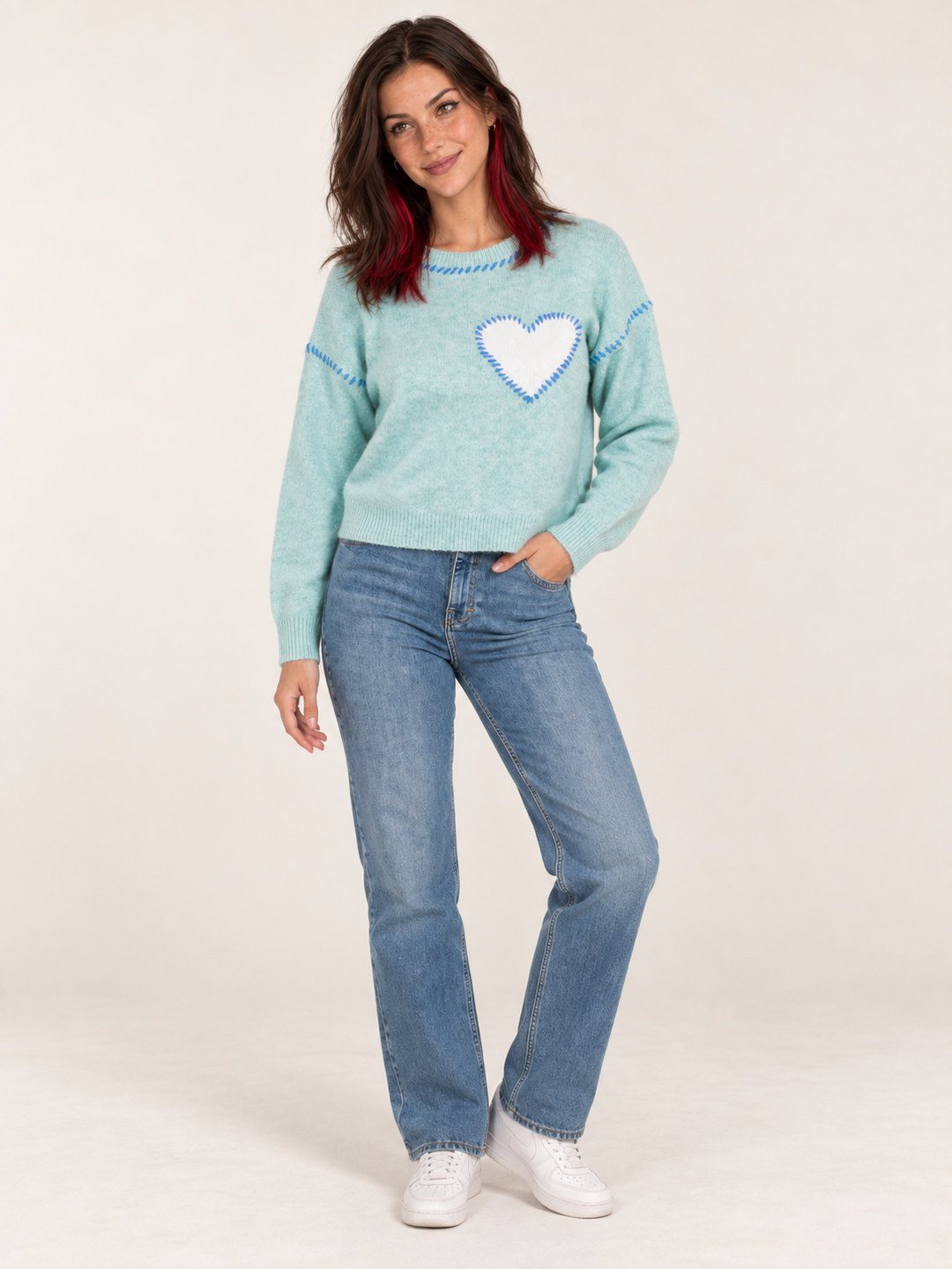 Heart Stitch Sweater Mint full body view on model