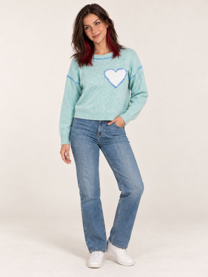 Heart Stitch Sweater Mint full body view on model