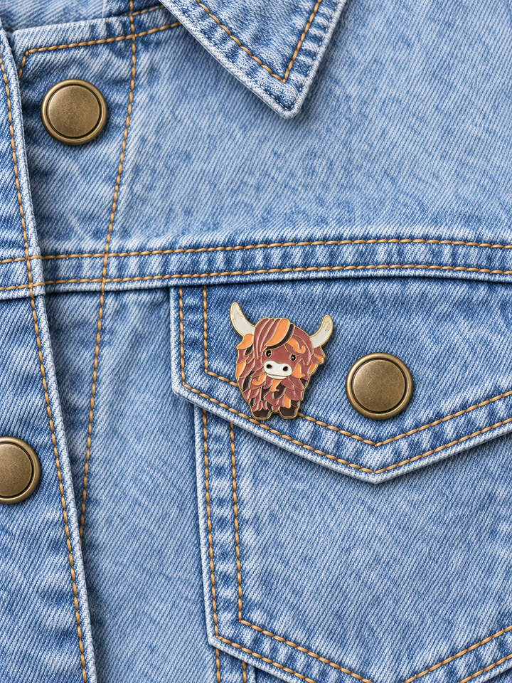 Highland Cow Pin displayed on a light-wash denim jacket beside a metal button
