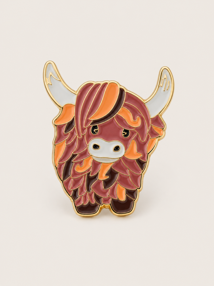 Highland Cow Pin shown on a warm neutral background