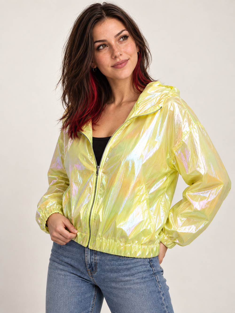 Holographic Windbreaker Jacket Lime 45-degree view on model