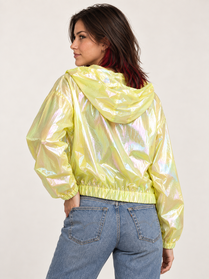 Holographic Windbreaker Jacket Lime back view on model