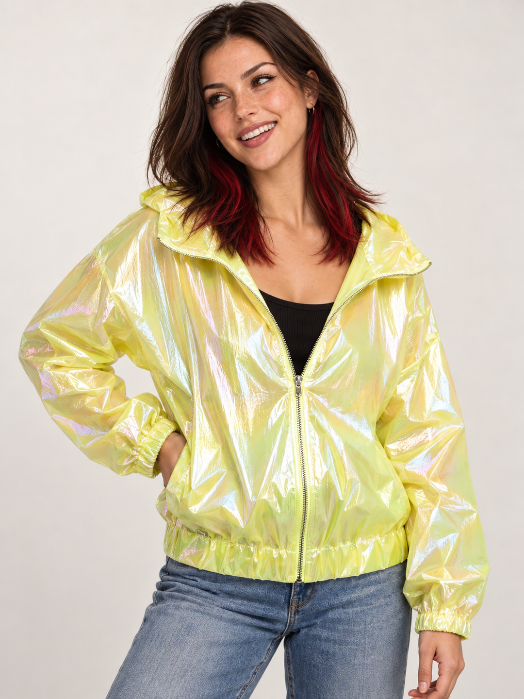 Holographic Windbreaker Jacket Lime front view on model