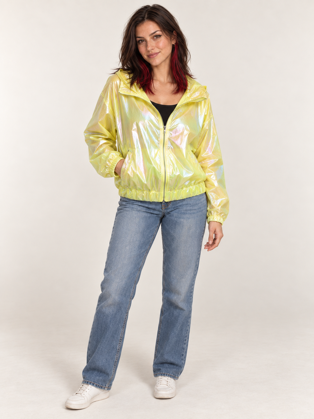 Holographic Windbreaker Jacket Lime full-body view on model