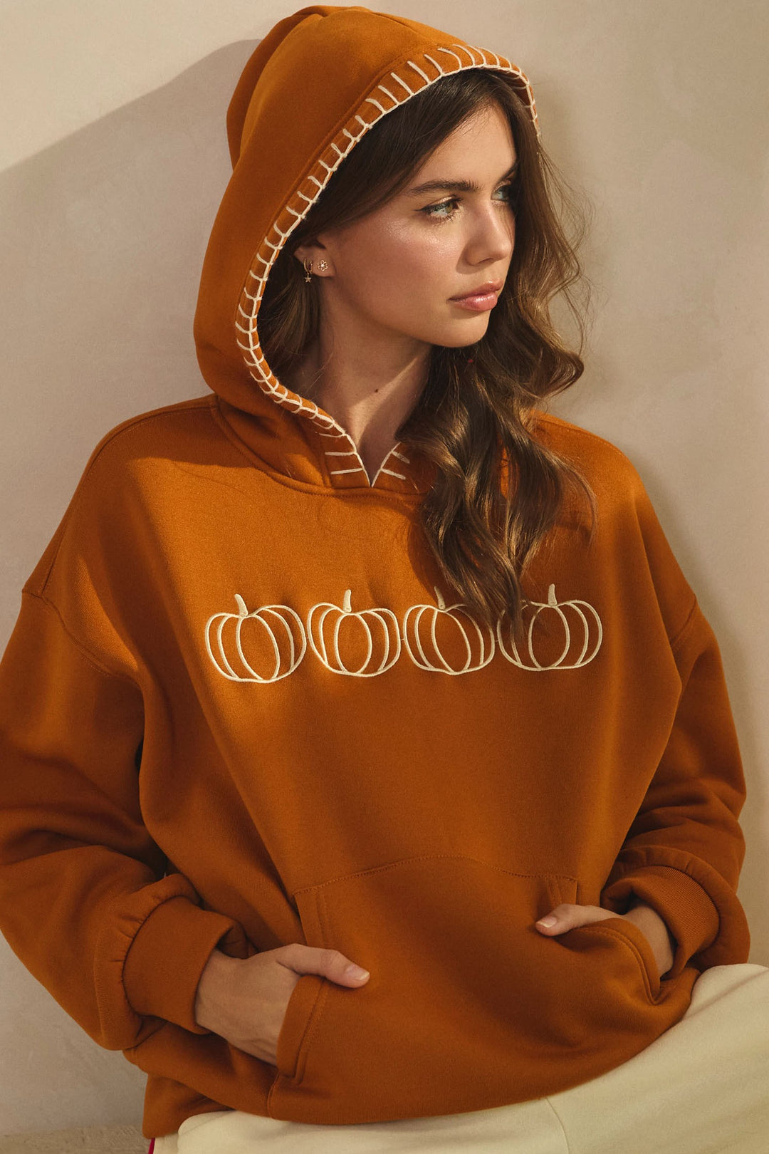 Halloween Hoodie Embroidered Pumpkins Stitch Hood