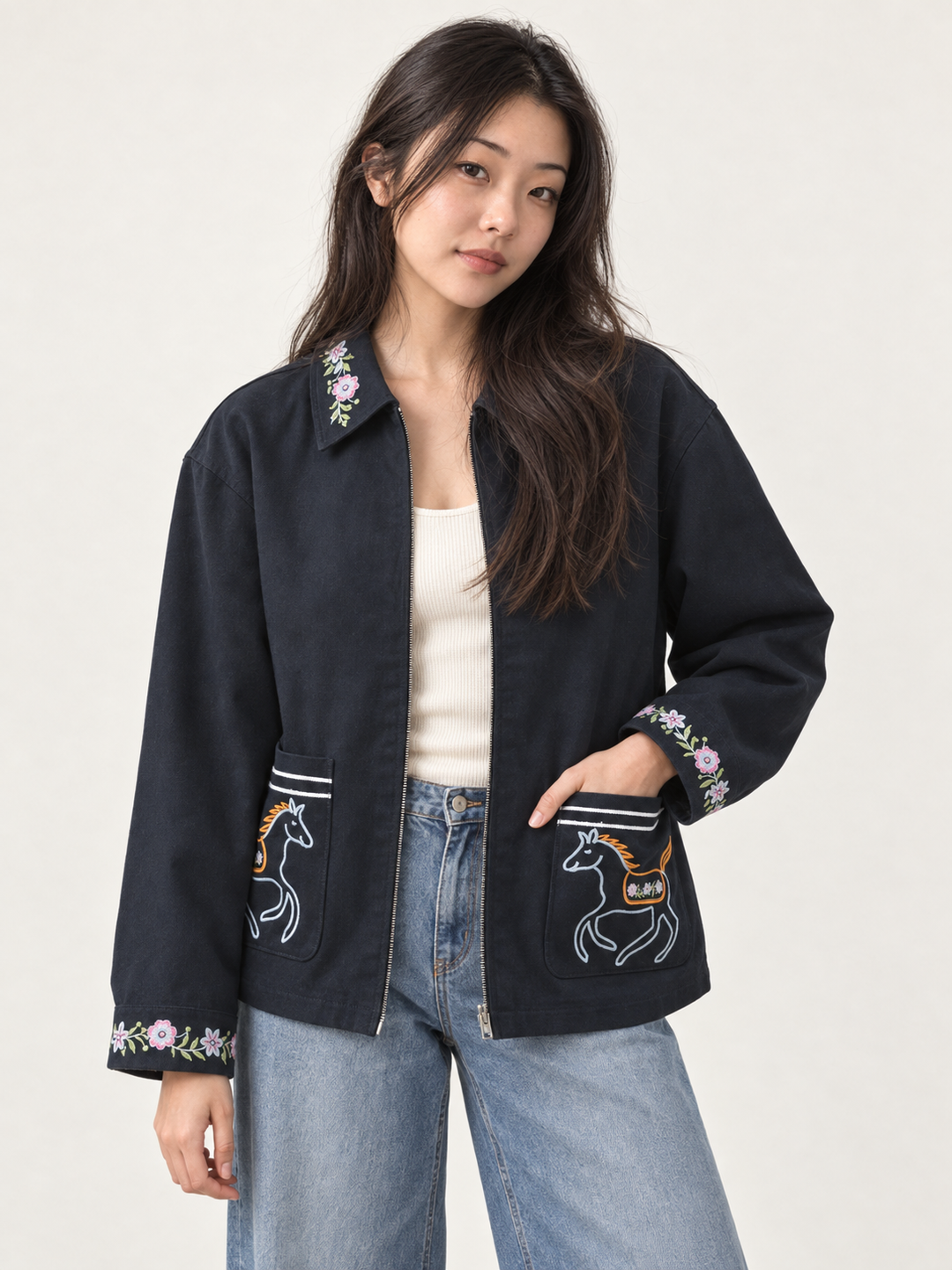 Model wearing Horse Embroidered Cotton Navy Jacket, front view