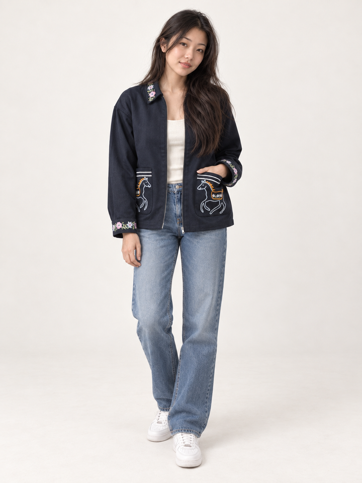 Model wearing Horse Embroidered Cotton Navy Jacket, full-body view