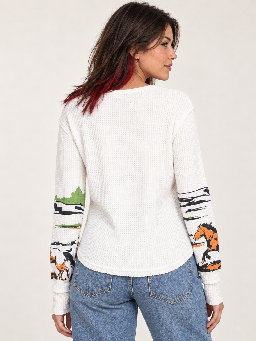 Horse Printed Waffle Thermal Long Sleeve back view