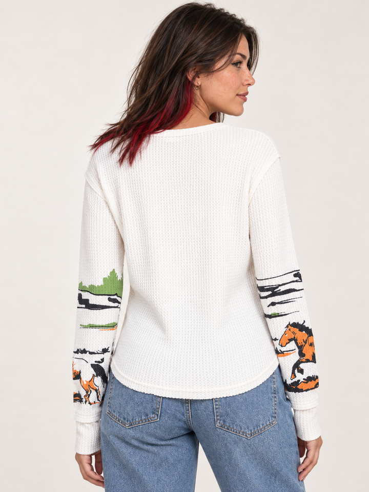 Horse Printed Waffle Thermal Long Sleeve back view