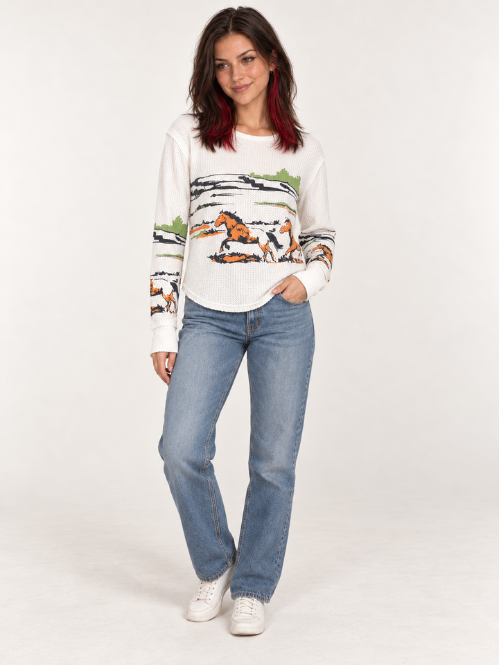 Horse Printed Waffle Thermal Long Sleeve full-body view