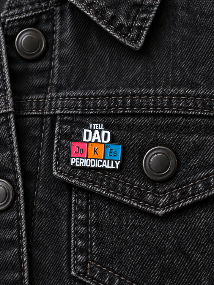 I Tell Dad Jokes Periodically Pin displayed on a black denim jacket beside a metal button