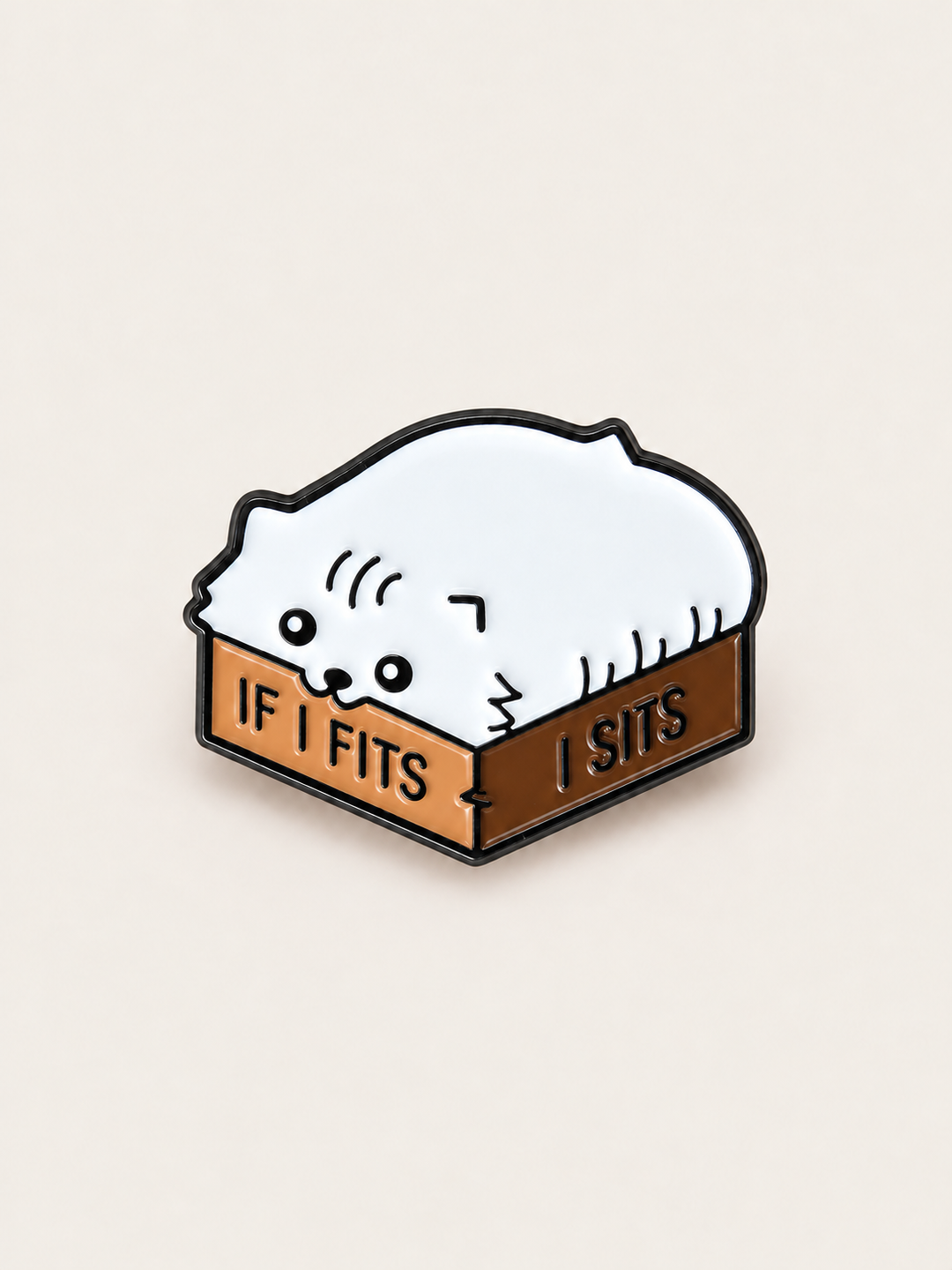 If Fits I Sits Cat Box Pin shown on a warm neutral background