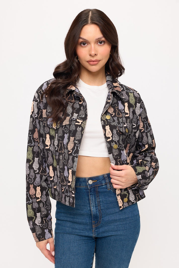 Colorful Cat Print Crop Jacket