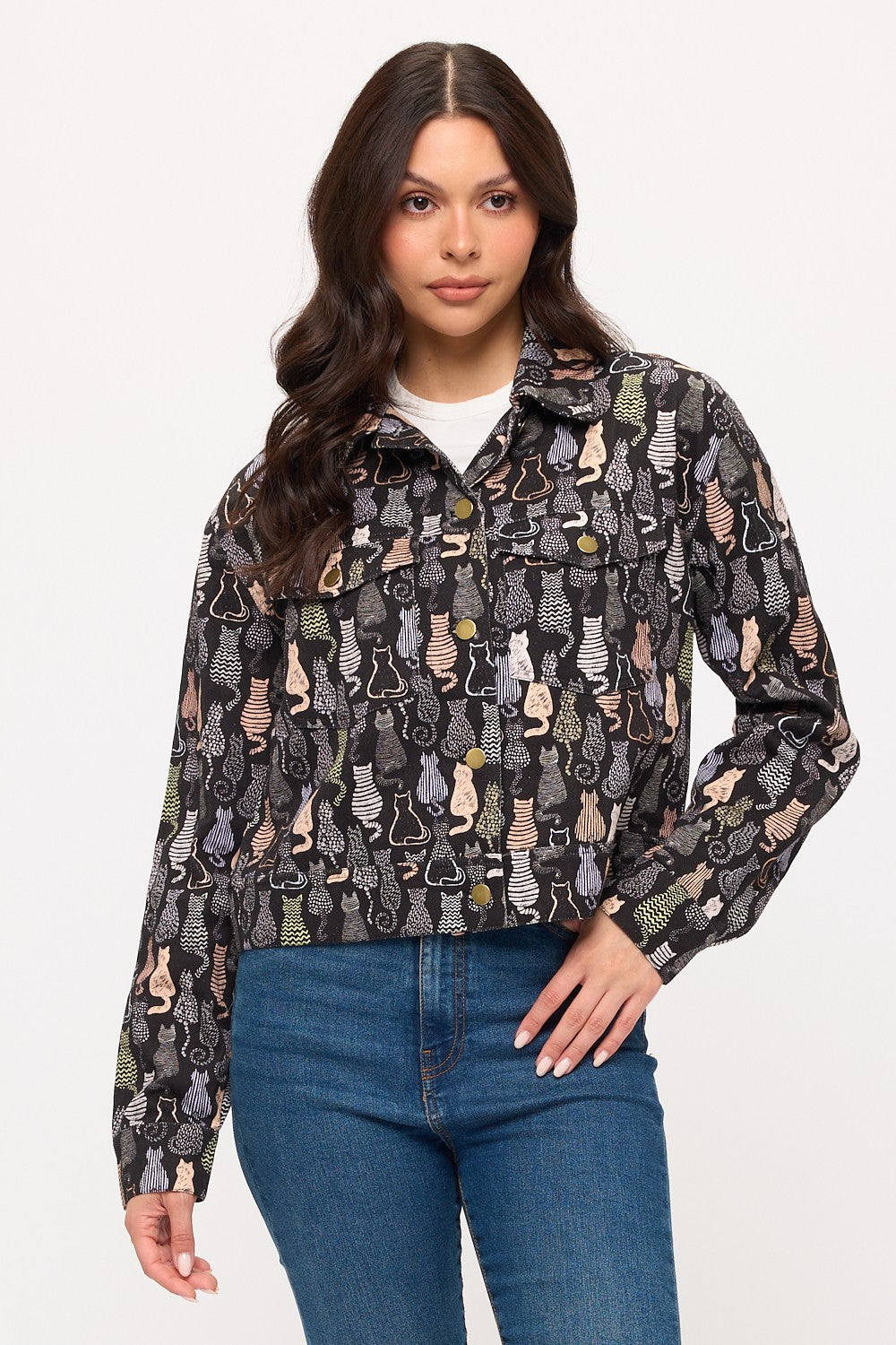 Colorful Cat Print Crop Jacket