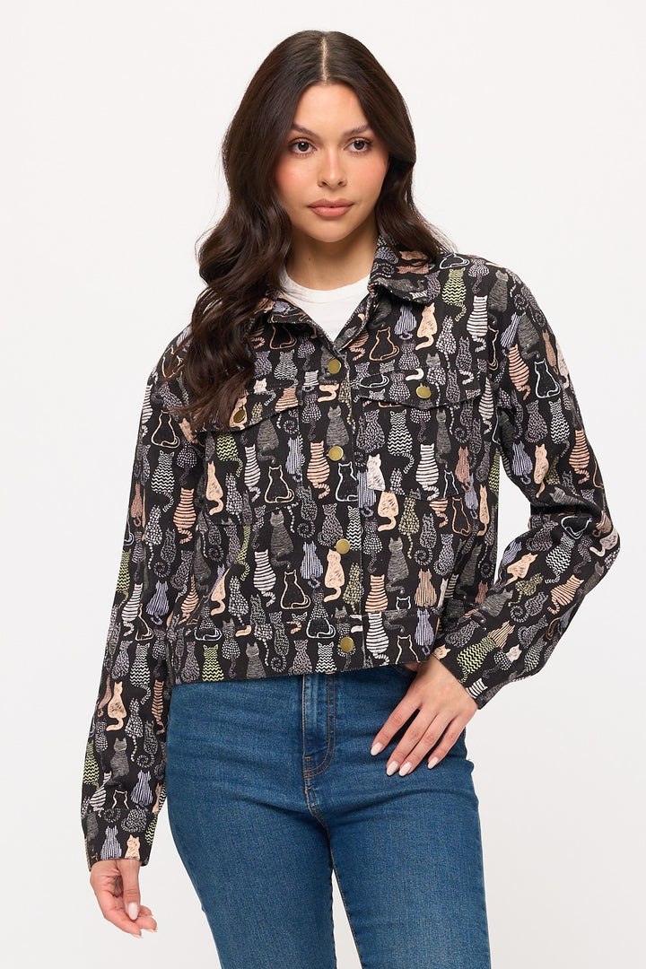 Colorful Cat Print Crop Jacket