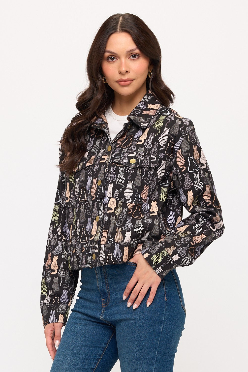 Colorful Cat Print Crop Jacket