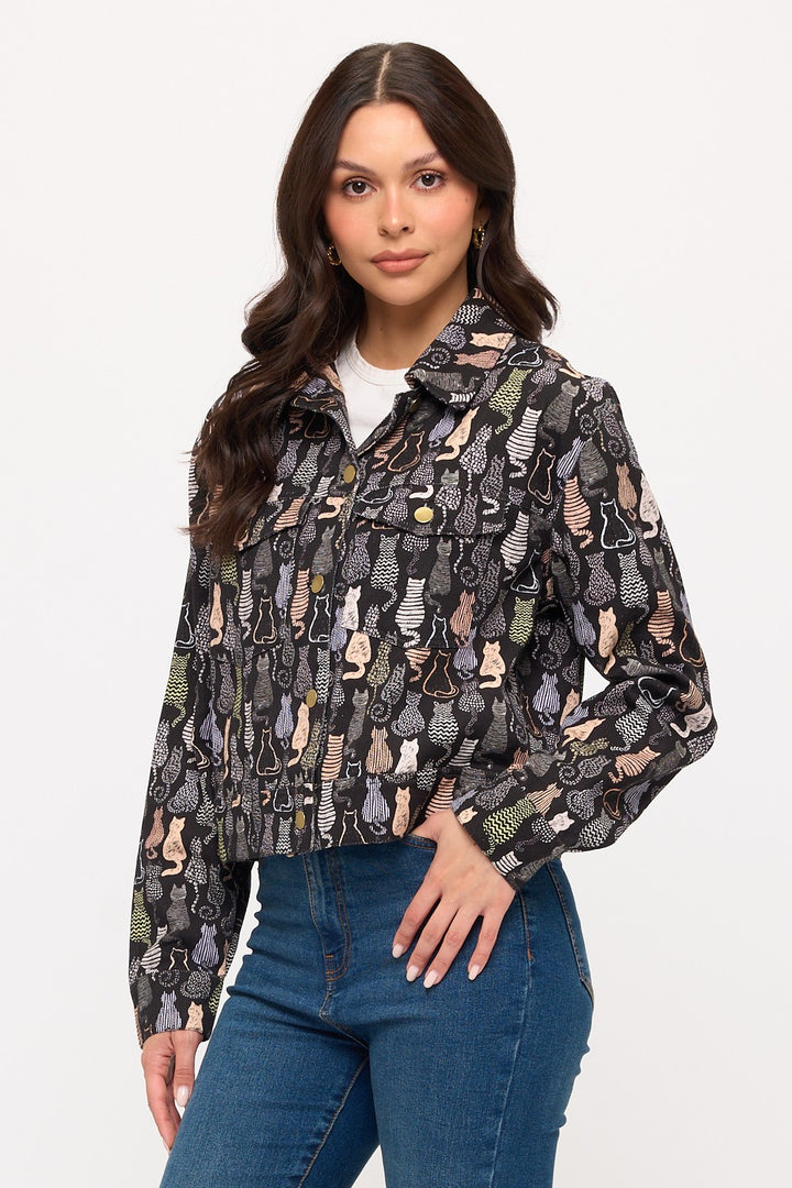 Colorful Cat Print Crop Jacket