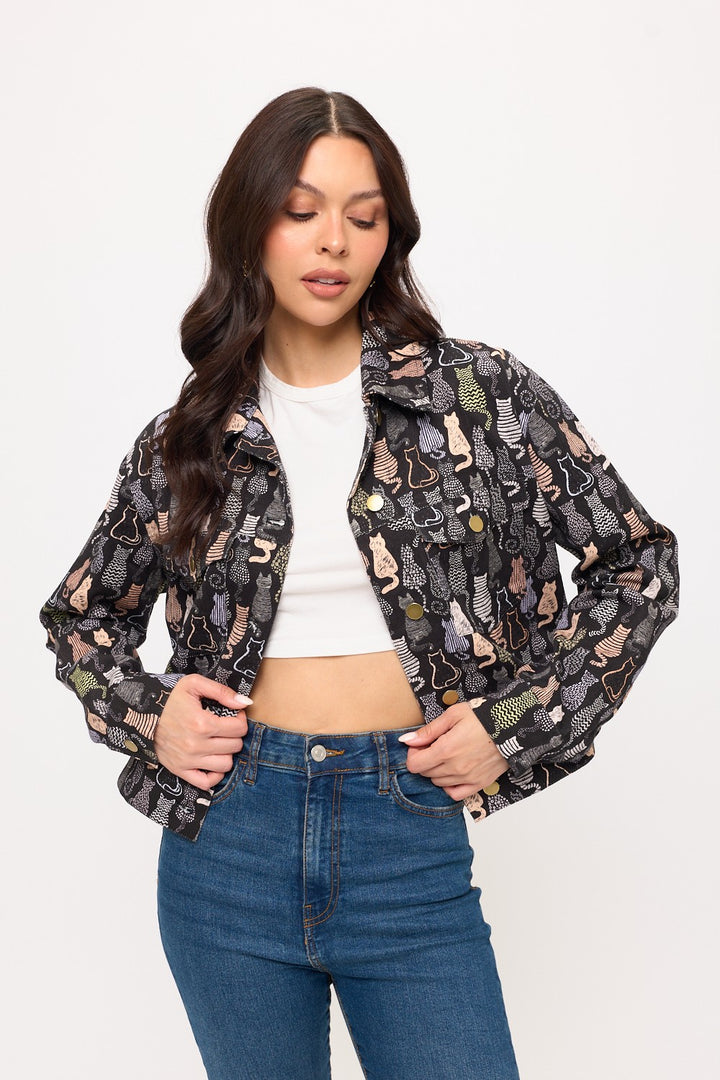 Colorful Cat Print Crop Jacket