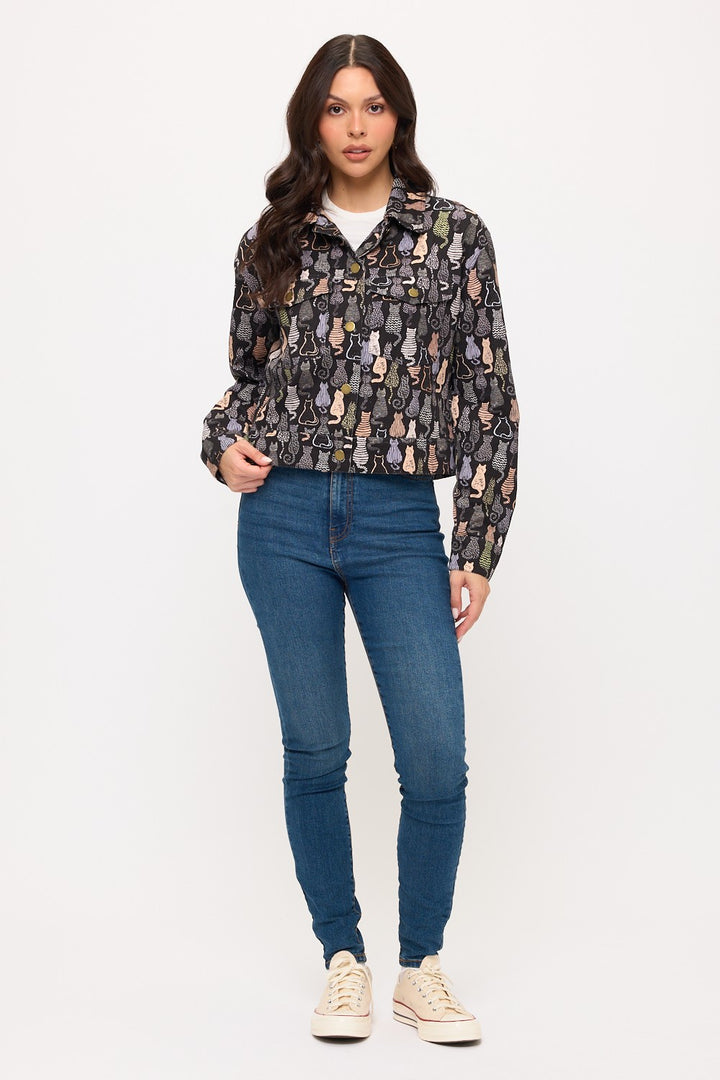 Colorful Cat Print Crop Jacket