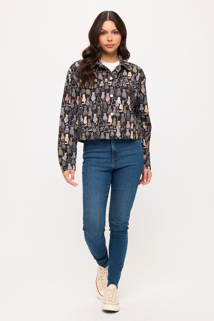 Colorful Cat Print Crop Jacket