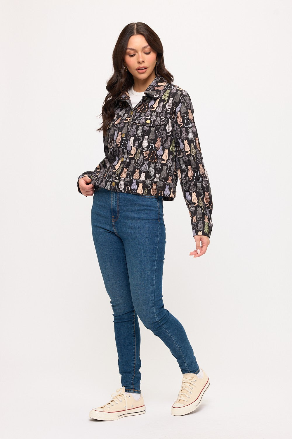 Colorful Cat Print Crop Jacket