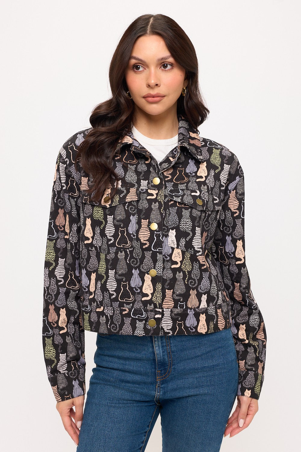 Colorful Cat Print Crop Jacket