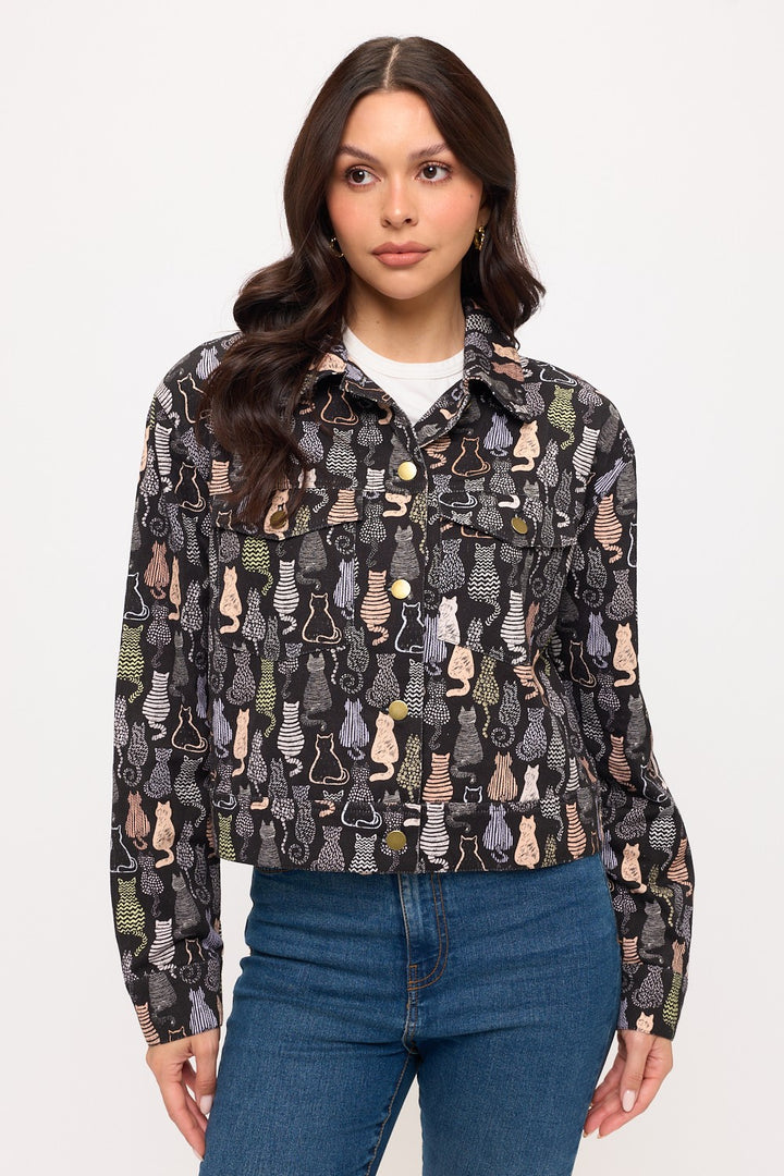 Colorful Cat Print Crop Jacket