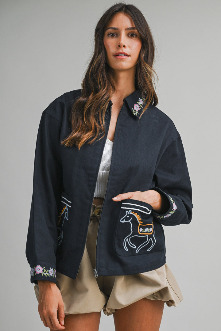 Horse Embroidered Cotton Navy Jacket