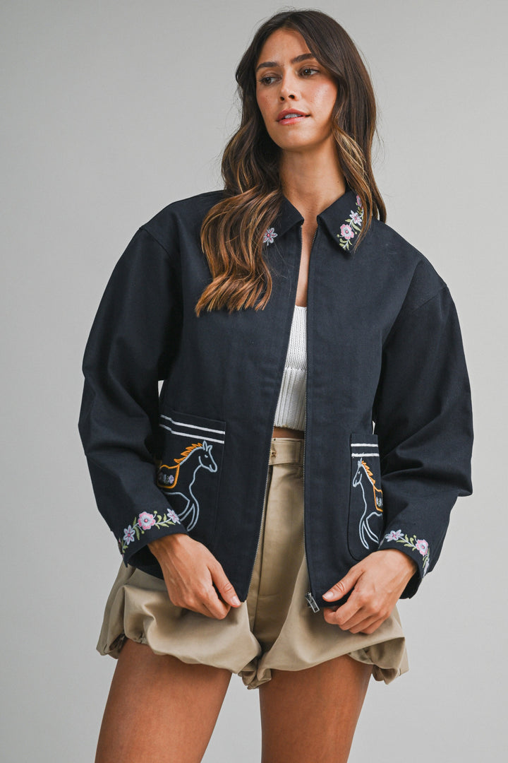 Horse Embroidered Cotton Navy Jacket