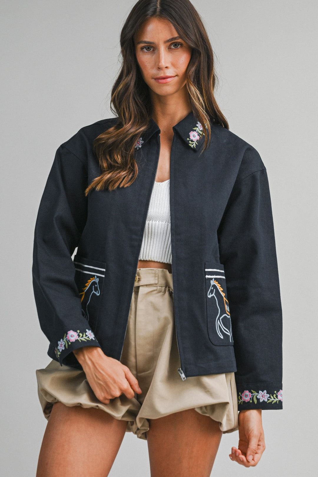 Horse Embroidered Cotton Navy Jacket