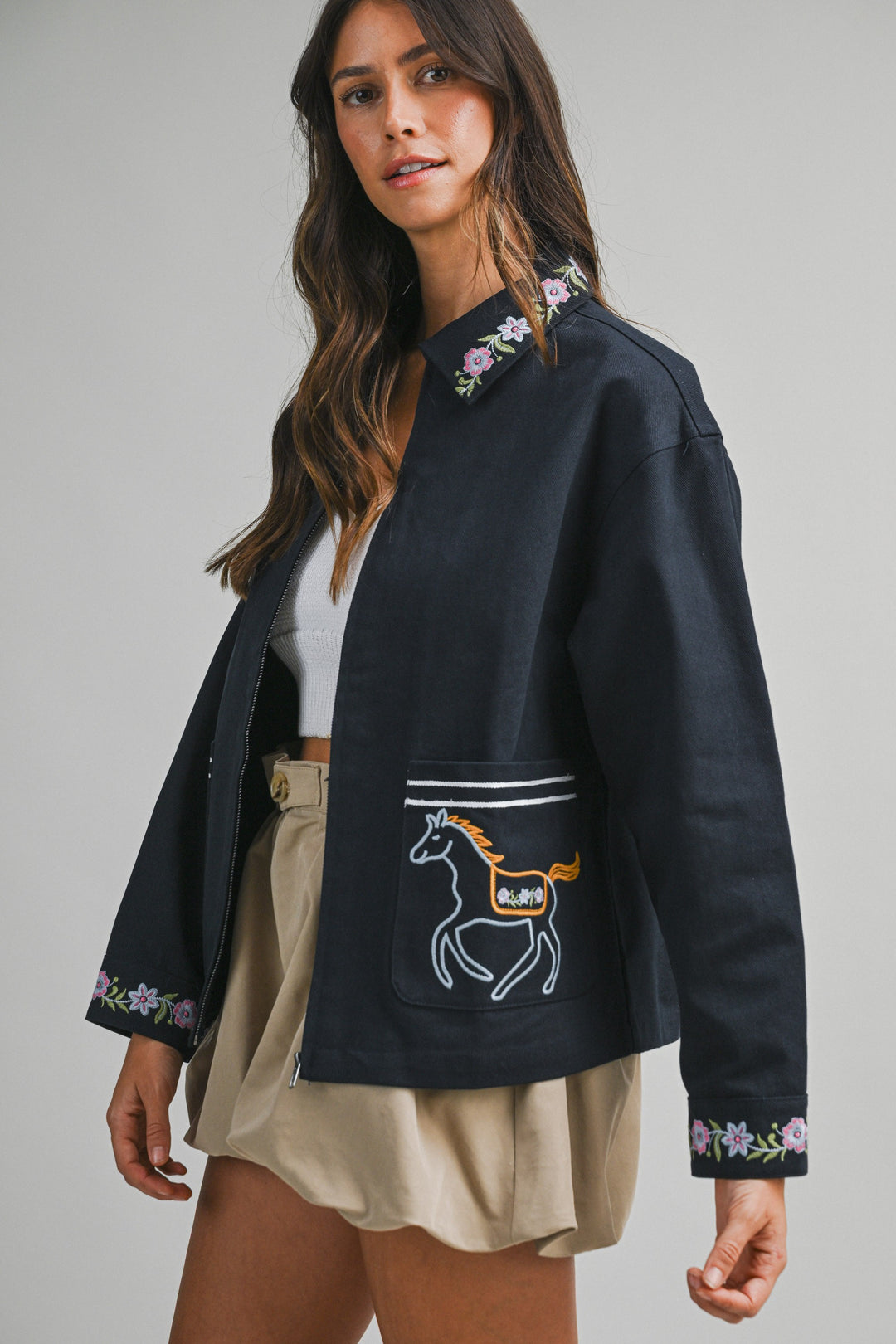 Horse Embroidered Cotton Navy Jacket