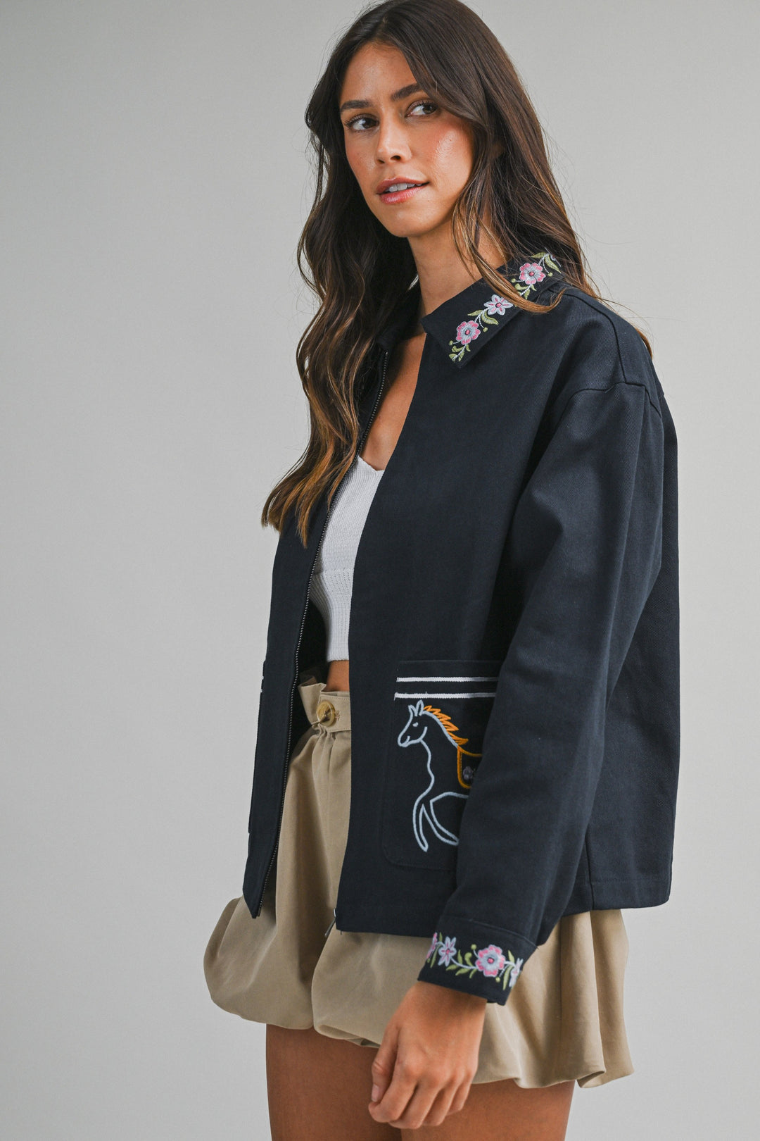 Horse Embroidered Cotton Navy Jacket