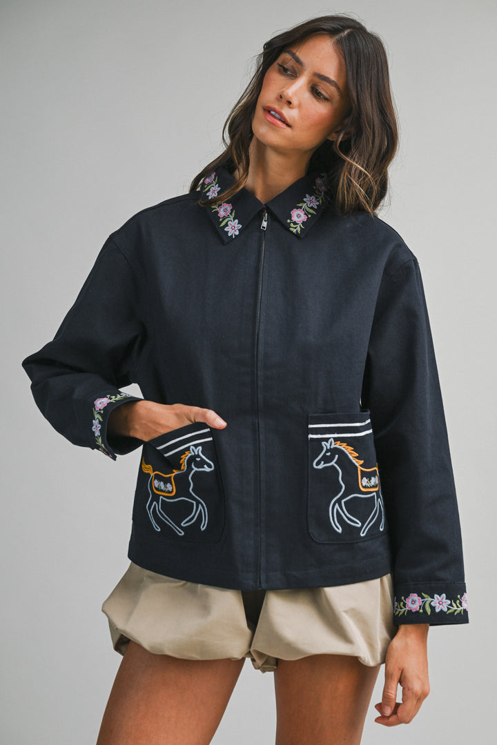 Horse Embroidered Cotton Navy Jacket