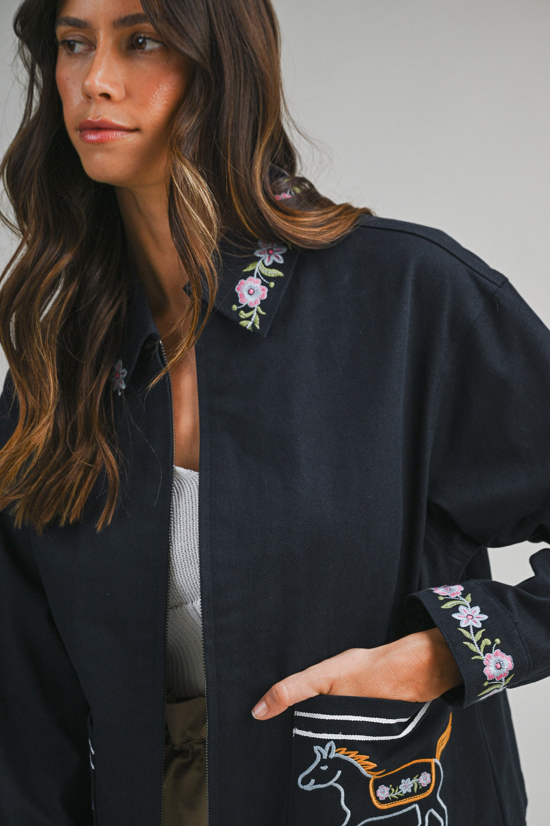 Horse Embroidered Cotton Navy Jacket