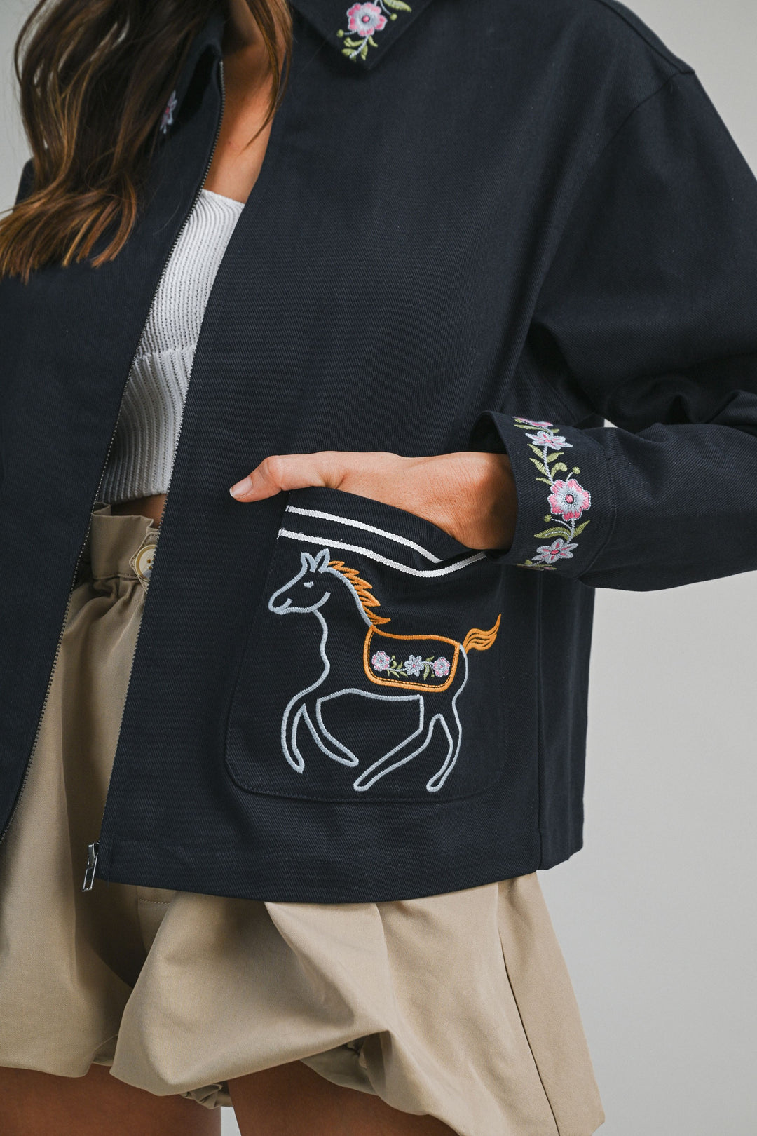 Horse Embroidered Cotton Navy Jacket