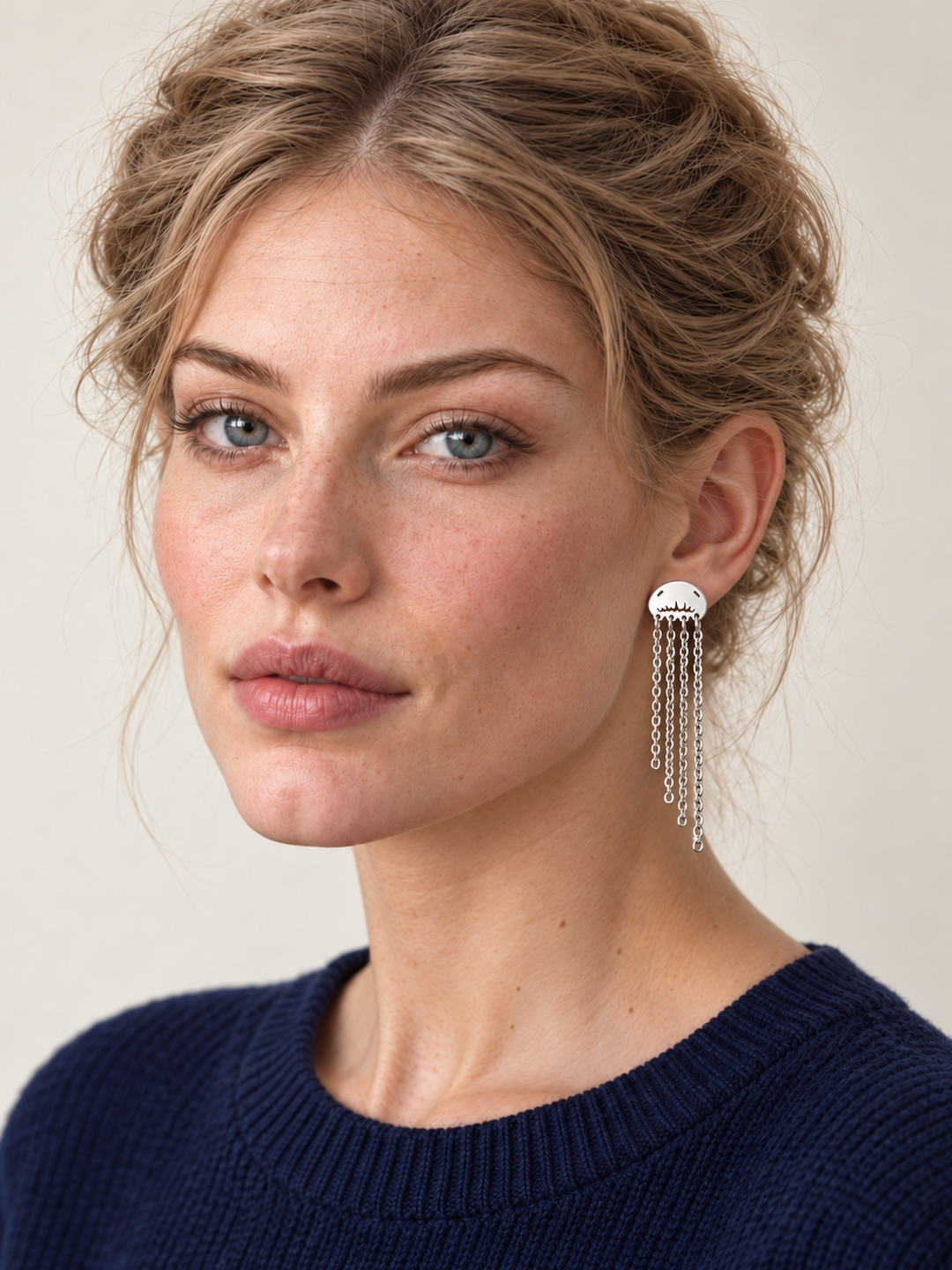 Jellyfish Chain Drop Earrings — Silver worn on a model