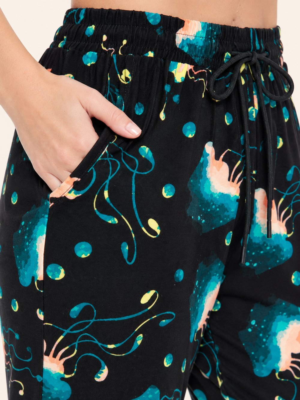 Jellyfish Joggers fabric, waistband, drawstring, and pocket close-up
