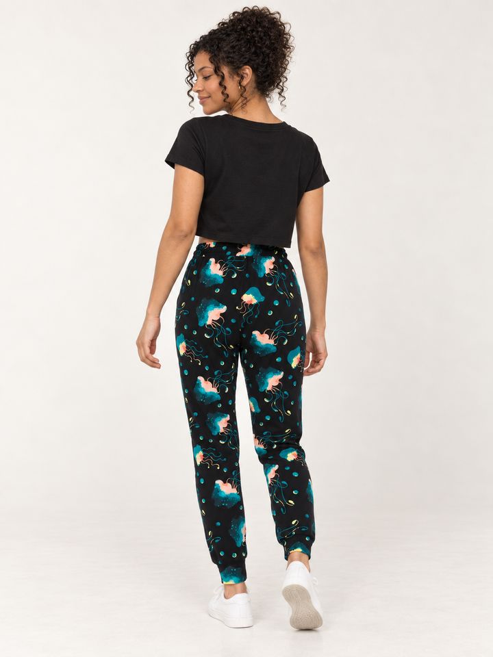 Model wearing Jellyfish Joggers, full-body back view