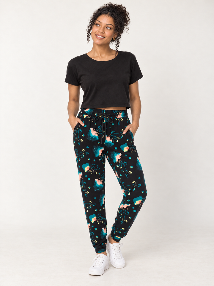 Model wearing Jellyfish Joggers, full-body front view