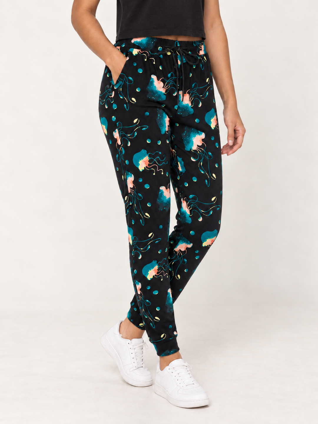 Model wearing Jellyfish Joggers, waist-down angled view